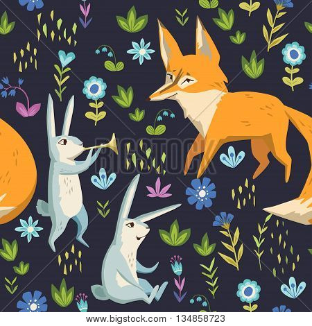 Rabbits and fox on a forest glade. vector seamless pattern with cute characters and floral elements