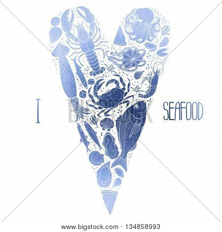 Graphic seafood in the shape of tilda heart. Sea and ocean creatures isolated on white background
