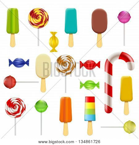 Set of candy sweets and ice cream. Isolated on white background. Stock vector illustration.