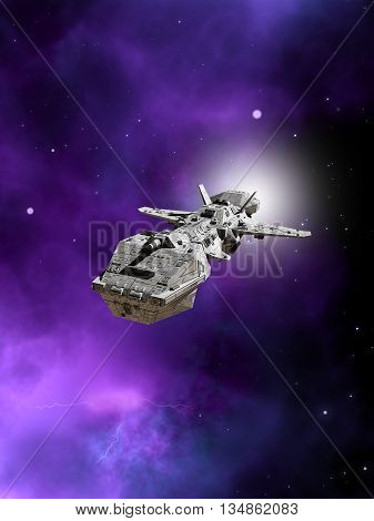 Science fiction illustration of an interplanetary spaceship flying away from a purple nebula in deep space, 3d digitally rendered illustration (3d rendering, 3d illustration)