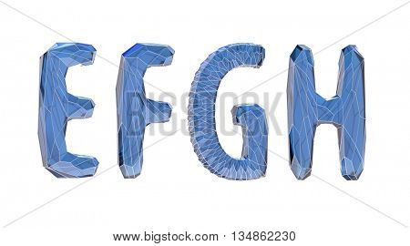 transparent crystal alphabet, E, F, J, H, 3d illustration