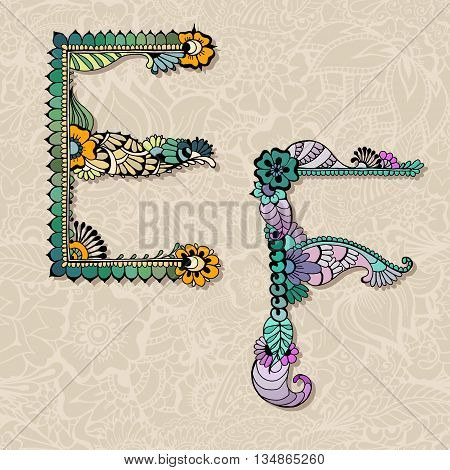 Hand drawn colorful floral alphabet. Vector illustration. Letters E F