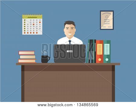 Web banner of an office worker. The man is an employee at work. Vector flat illustration