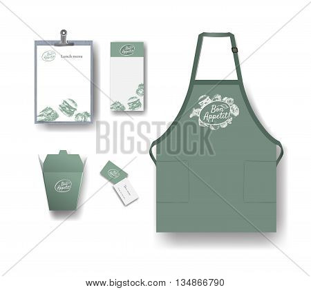 Vector restaurant cafe set: package menu flyer business card and apron. Layout set of corporate identity. Mock up template.