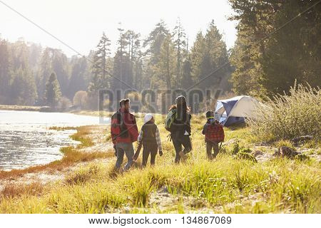 Family on a camping trip walking near a lake, back view