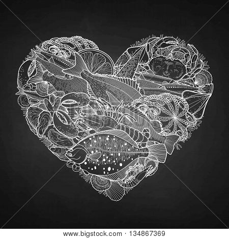Graphic seafood in the shape of heart. Sea and ocean creatures isolated on chalkboard