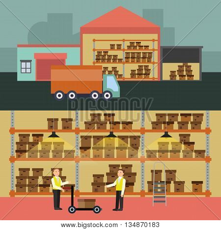 Warehouse banner set with shipping and delivery flat elements Vector illustration EPS10