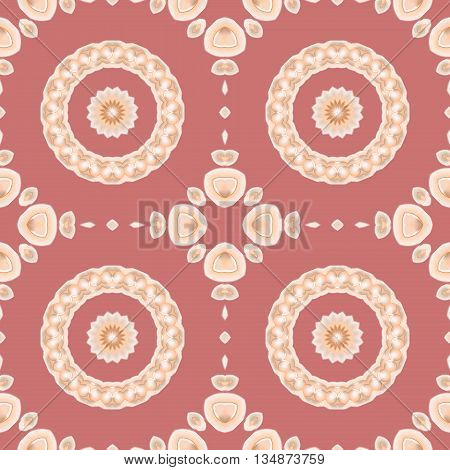 Abstract geometric seamless background. Regular concentric circles pattern with floral elements in beige, peach and apricot color on pastel red, conspicuous and dominant.