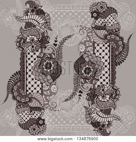 Ornate vector card template in Indian mehndi style. Hand drawn abstract background. Invitation cards with mehndi elements. Floral ornament. Islam arabic indian ottoman motifs.