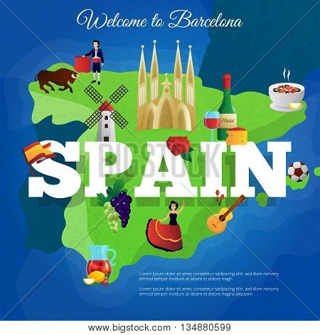 Spain cultural symbols composition poster for travelers with national flag and paella and corrida flat vector illustration