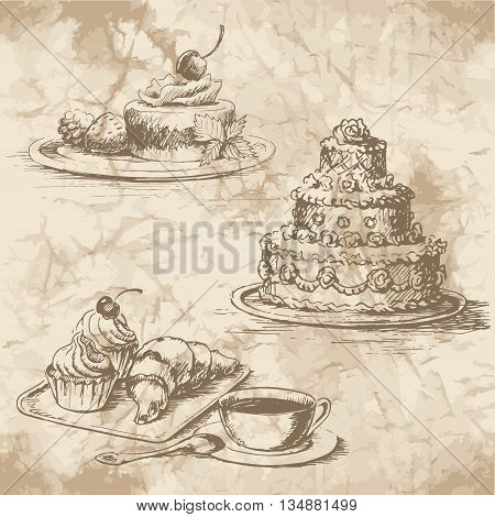 Freehand drawing of the desserts on the old paper. Cheesecake with berries and mint muffins croissant and a cup of coffee with a spoon a large wedding cake with ornate decor. Vintage style of food design.