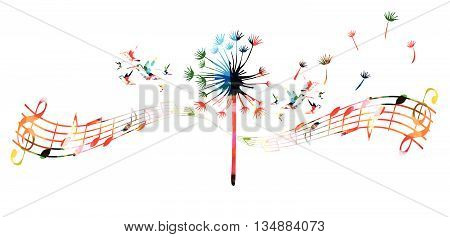 Colorful dandelion with music notes and hummingbirds