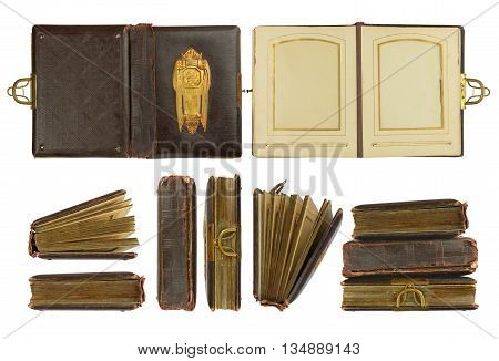 Different perspectives of vintage photo album (circa 1900) with buckle and brass engraved decoration isolated on white contains working paths