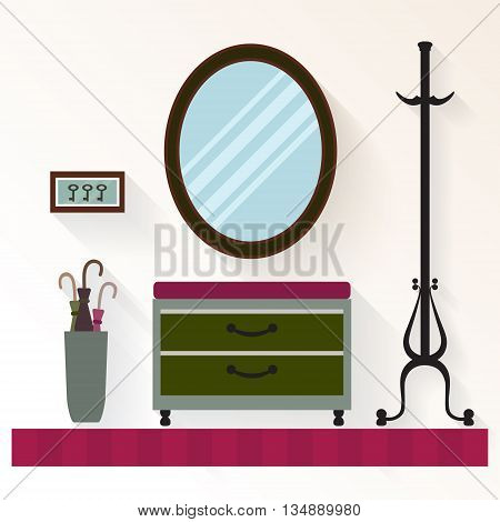 Vector interior hallway with mirror and  commode . Hallway home  interior with furniture.