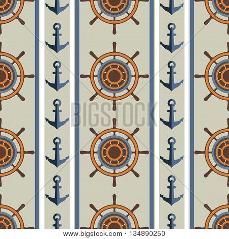 Marine pattern of anchors and steering wheel. Seamless background . Abstract vector pattern. Summer background.
