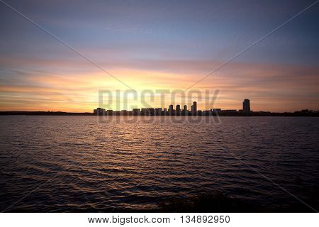 Moscow Strogino district in the evening at sunset. View from Strogino Bay