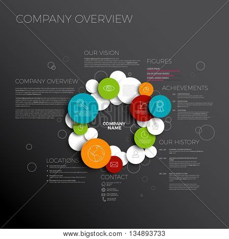 Vector Company infographic overview design template made from color circles and icons - dark version