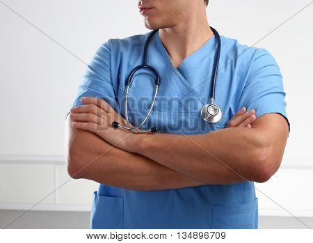 Closeup of man doctor with stethoscope. medicine