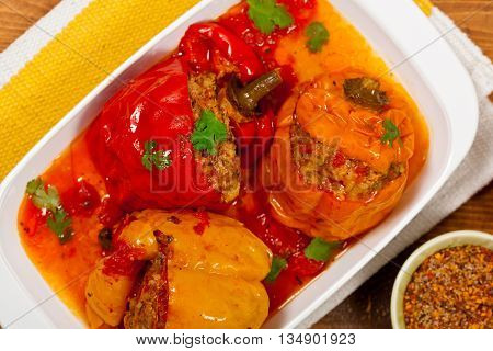 Baked Stuffed Red Bell Pepper with Meat and Rice. Selective focus.