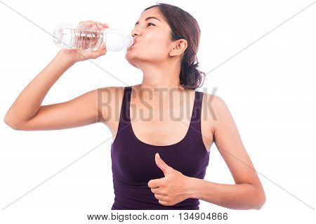 beautiful woman drinking fresh water on white background