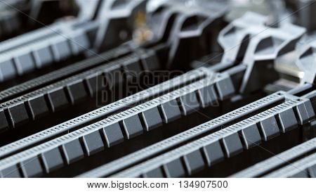 PCI-E socket on computer main board, closeup background