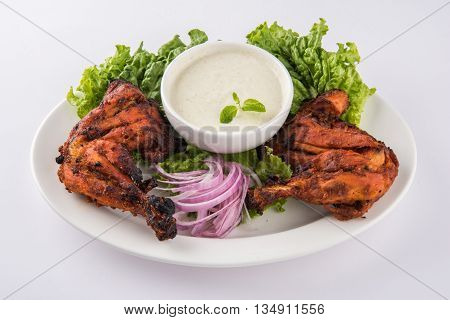tandoori chicken leg, Tandoori Chicken , Indian spicy food, Delicious Tandoori chicken leg piece with Salad, India