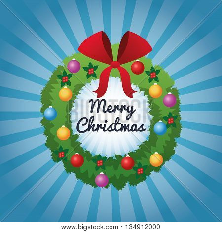 Merry Christmas represented by pine crown over blue and striped background
