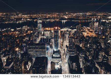 New York City west side 34th street urban cityscape view at night.