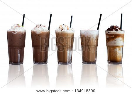 Five different kind of iced coffee with reflect on white background, stock photo