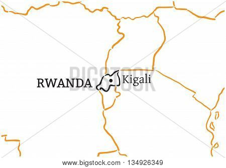 Rwanda country with its capital Kigali in Africa hand-drawn sketch map isolated on white