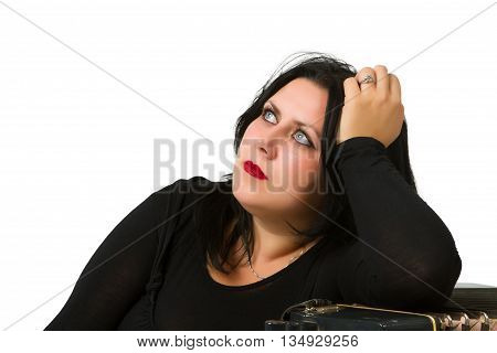 beautiful young brunette with accordion isolated on white background