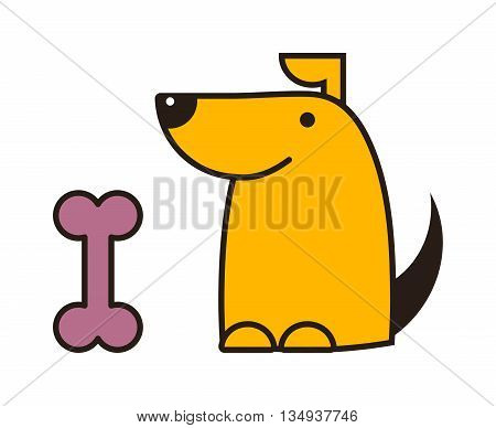 Dog and bone beautiful golden retriever. Dog with rawhide bone mouth snack reward. Dog and bone playful food symbol outline animal character. Domestic mammal purebred diet nutrition.