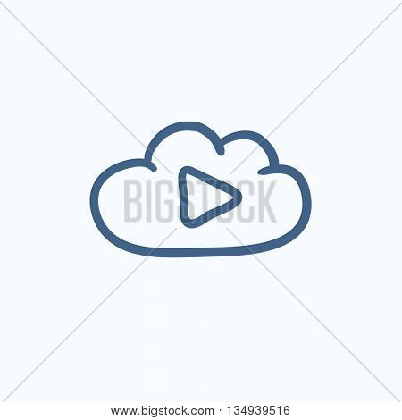 Cloud with play button vector sketch icon isolated on background. Hand drawn Cloud with play button icon. Cloud with play button sketch icon for infographic, website or app.