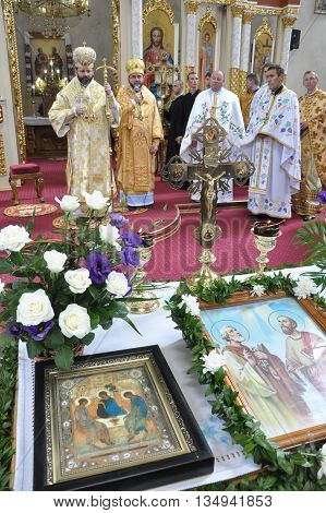 Chortkiv - Ternopil - Ukraine - 12 July 2012. The visit to Chertkov of the Ukrainian Greek Catholic Church His Beatitude Sviatoslav Shevchuk and festive liturgy on the occasion of the temple feast of the Apostles Peter and Paul.