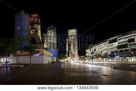 BERLIN, GERMANY - MAY 12, 2016: the Breitscheidplatz in Berlin city center with its landmark, the Memorial Church at night