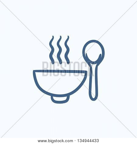 Bowl of hot soup with spoon vector sketch icon isolated on background. Hand drawn Bowl of hot soup with spoon icon. Bowl of hot soup with spoon sketch icon for infographic, website or app.