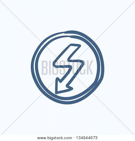 Lightning arrow downward vector sketch icon isolated on background. Hand drawn Lightning arrow downward icon. Lightning arrow downward sketch icon for infographic, website or app.