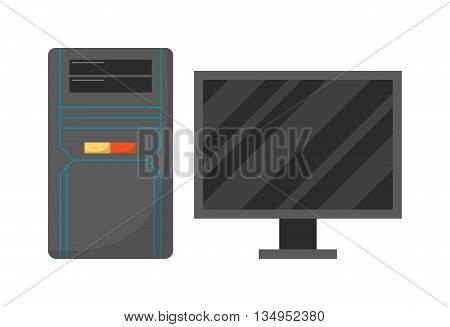 Modern desktop computer with wireless keyboard and desktop computer vector flat illustration. Desktop computer technology screen monitor and office wide wireless communication desktop computer.