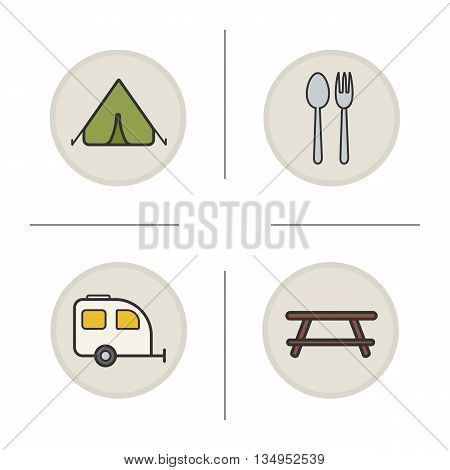 Camping color icons set. Tent, fork and spoon, trailer and picnic table. Vector isaolated illustrations