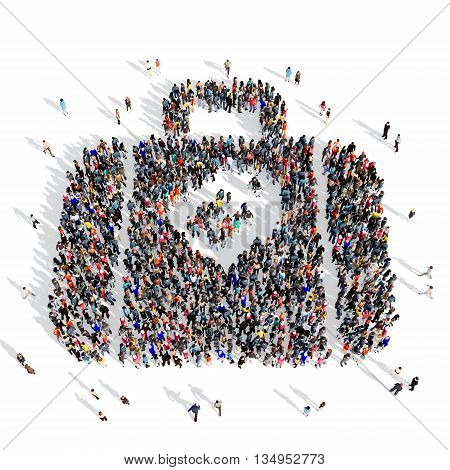 Large and creative group of people gathered together in the shape of a suitcase, travel . 3d illustration, isolated, white background.