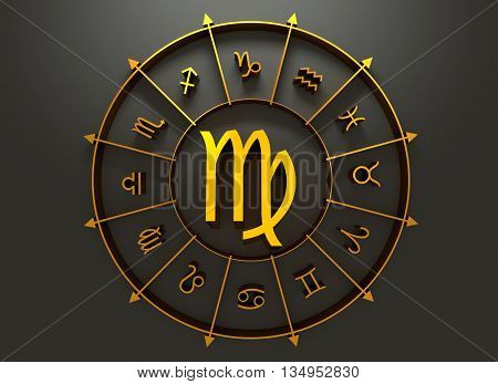 Maiden astrology sign. Golden astrological symbol. 3D rendering