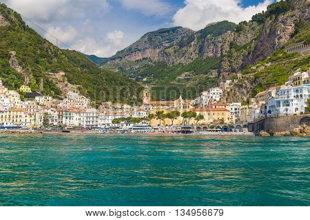 Front View On Town Of Amalfi, Amalfi Coast, Campania, Italy