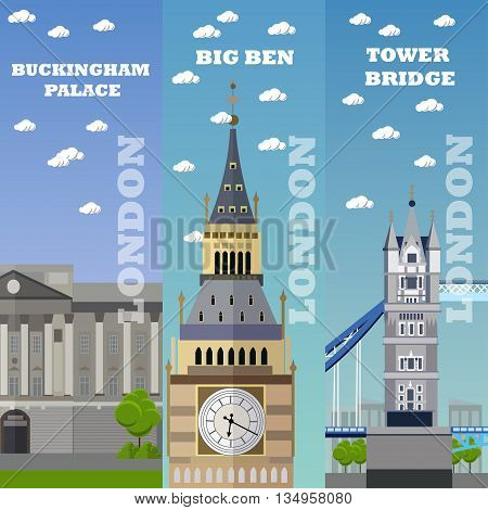 London tourist landmark banners. Vector illustration with London famous buildings. Tower bridge, Big Ben and Buckingham Palace.