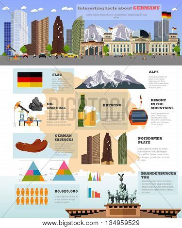 Travel to Germany concept vector illustration. Infographic elements, icons and interesting facts about Germany. German landmarks and destinations.
