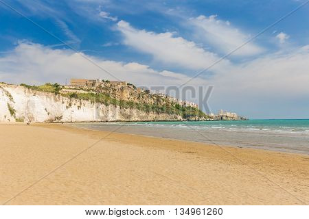 Golden Sand Beach Of Vieste With Pizzomunno Rock, Gargano Peninsula, Apulia, South Of Italy
