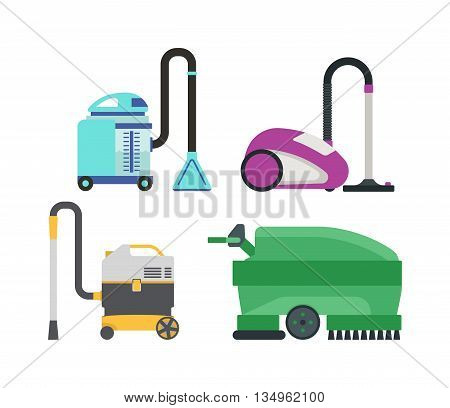 Set of different vacuum cleaners vector illustration. Vacuum house appliance housework tool.