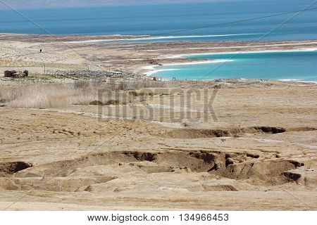 landscape of the Dead Sea, failures of the soil, illustrating an environmental catastrophe on the Dead Sea, Israel