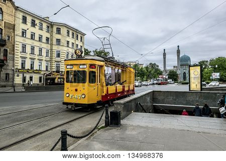 may 27 2016. Saint-Petersburg.Vintage tram on Kamennoostrovsky prospect Saint Petersburg. Russia.