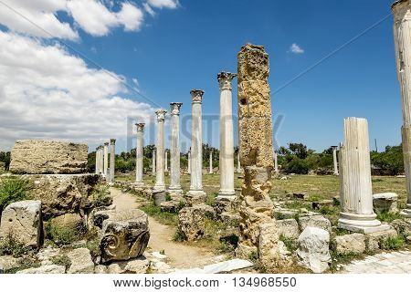 May 24 2016.Famagusta.Ruins and ancient columns in the ancient city of Salamis in Famagusta.Northern Cyprus.