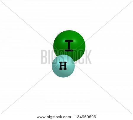 Hydrogen iodide - HI - is a colorless gas that reacts with oxygen to give water and iodine. 3d illustration
